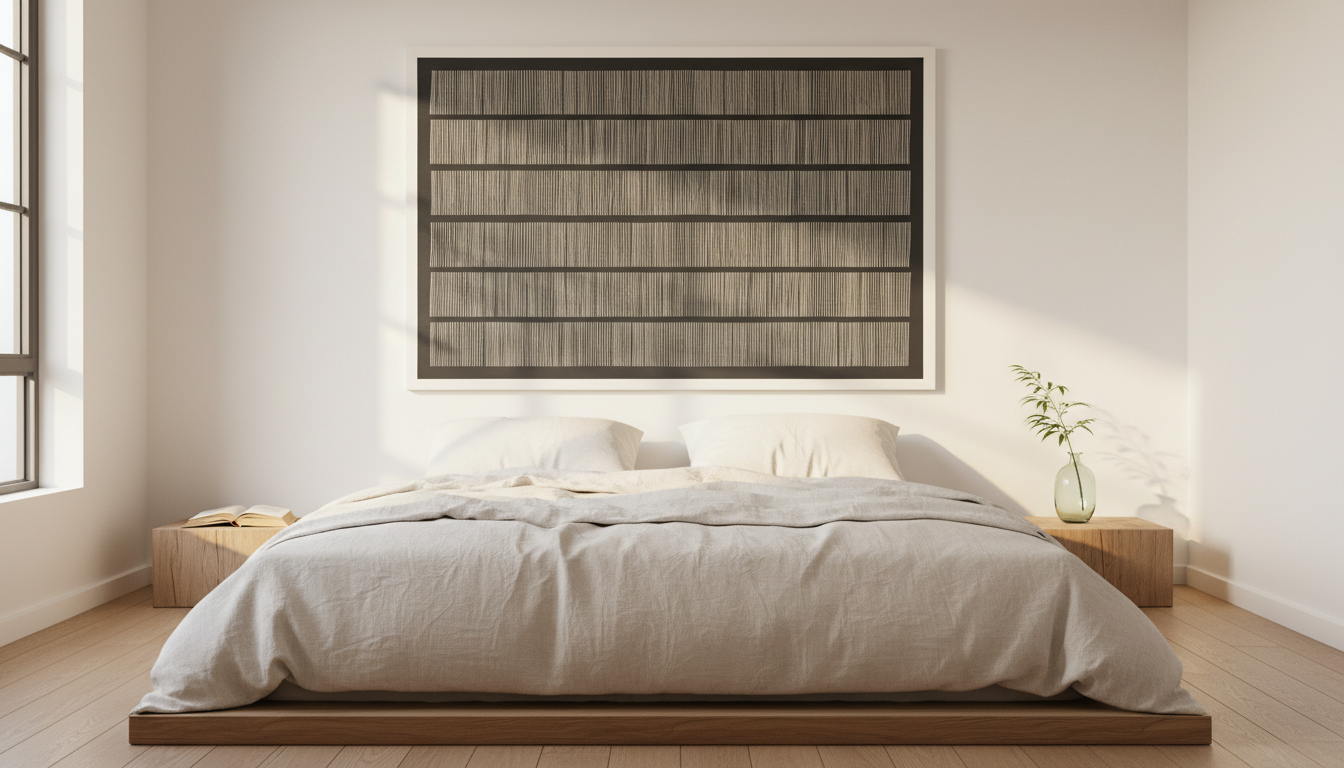 Stretched Canvas with Strata artwork hung above a bed in a serene bedroom